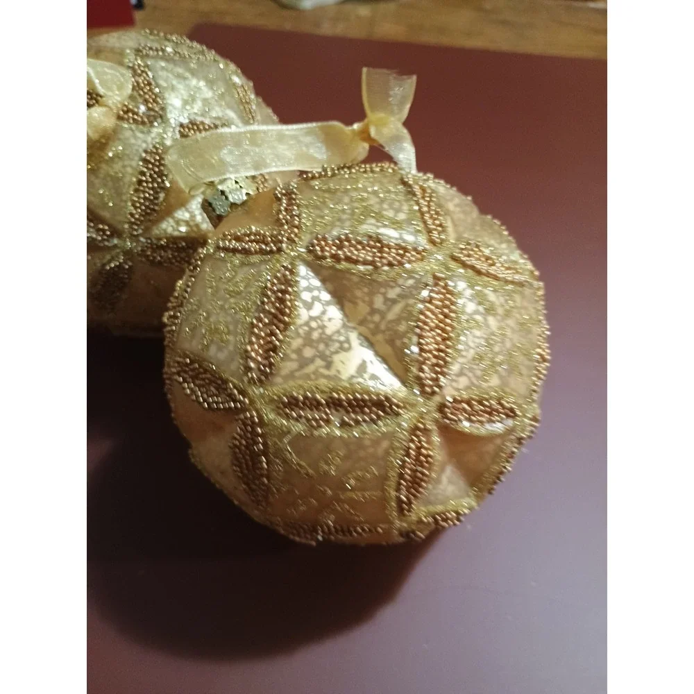 Pair Of Frontgate Large Christmas Gold Glitter‎ Beaded Round Ornaments 4.5